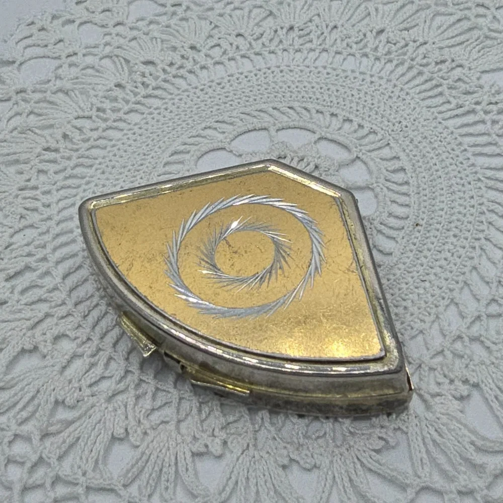 Vintage Pill Box Hong Kong Mixed Metals Gold Tone Sunburst Triangular Compact